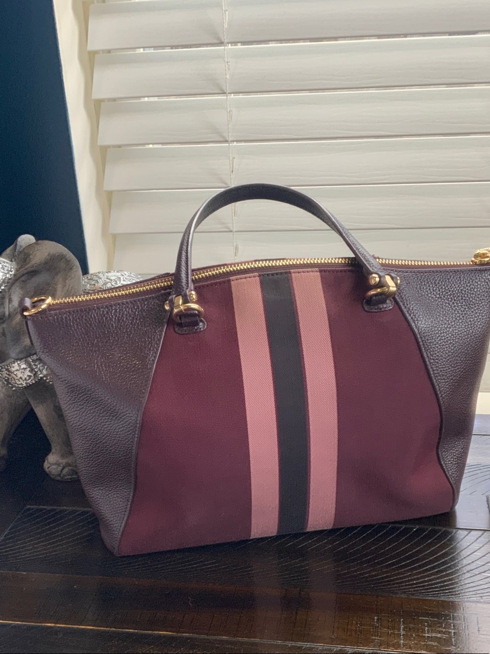 Coach Burgundy and Pink Stripe Satchel with Gold Hardware - Picture 2 of 8